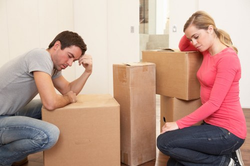 Professional movers carrying boxes in a Clapham property
